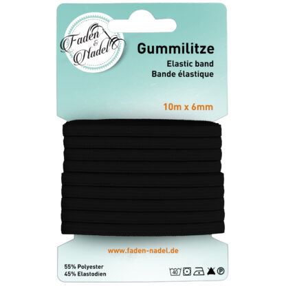 10 m Gummilitze (6 mm) elastisches Gummiband in schwarz, bügelbar