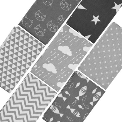 7 x Patchwork Stoffe aus Baumwolle in grau, Verschiedene Motive, Größe: 49 x 39 – Bild 4