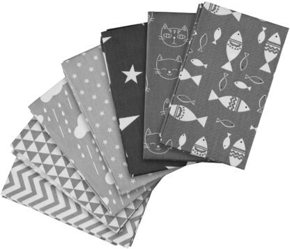 7 x Patchwork Stoffe aus Baumwolle in grau, Verschiedene Motive, Größe: 49 x 39