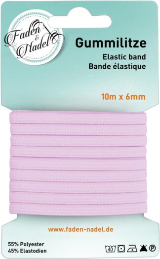 Faden & Nadel 6 mm Gummilitze : elastisches Gummiband, 10 m lang, Rosa, bügelbar