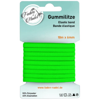 Faden & Nadel 6 mm Gummilitze : elastisches Gummiband, 10 m lang, Neon-Grün, bügelbar
