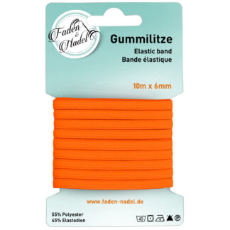Faden & Nadel 6 mm Gummilitze : elastisches Gummiband, 10 m lang, Neon-Orange, bügelbar