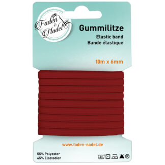 Faden & Nadel 6 mm Gummilitze : elastisches Gummiband, 10 m lang, Rot-Braun, bügelbar