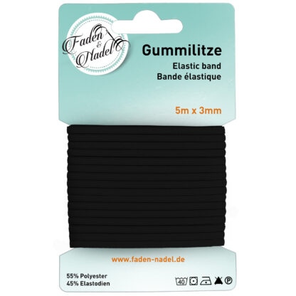 3 mm Gummilitze : elastisches Gummiband, in schwarz, 5 m lang, elastisch u. bügelbar