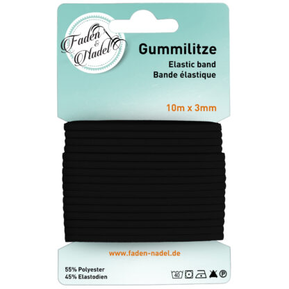 3 mm Gummilitze : elastisches Gummiband, in schwarz, 10 m lang, elastisch u. bügelbar