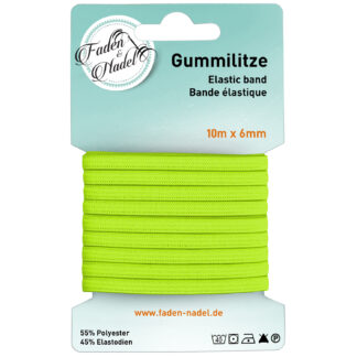 Faden & Nadel 6 mm Gummilitze : elastisches Gummiband, 10 m lang, Neon-Gelb-Grün, bügelbar